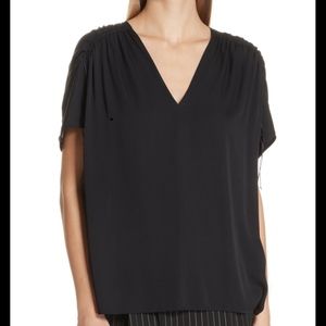 VINCE Ruched Shoulder Stretch Silk Blouse